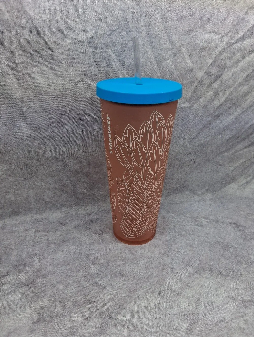 Starbucks Summer 2017 Cold Tumbler - 24oz - Venti Coral Blue Rainforest Leaves